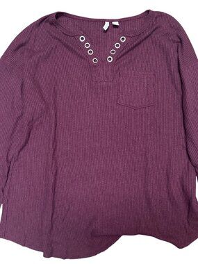 Cato Women's Top Sweater 14/16 Burgundy Long Sleeve Henley Grommets Solid Basic